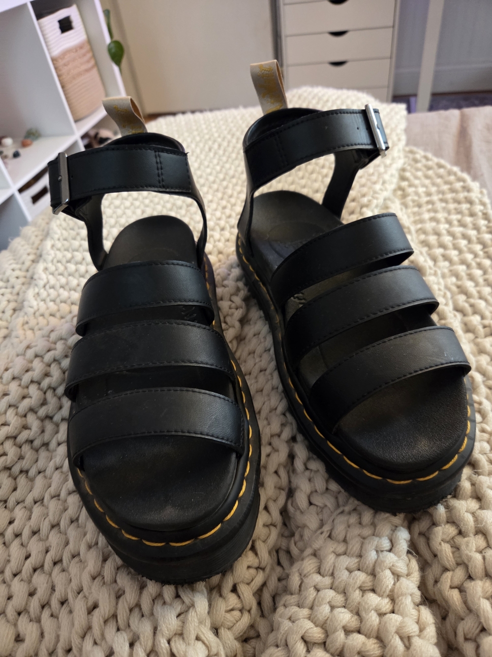 Chunky Black Strappy Platform Sandals with Yellow Stitching